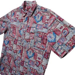 Coral Reef Hawaiian Shirt Mens L Pink Blue Tribal Geometric Made Hawaii